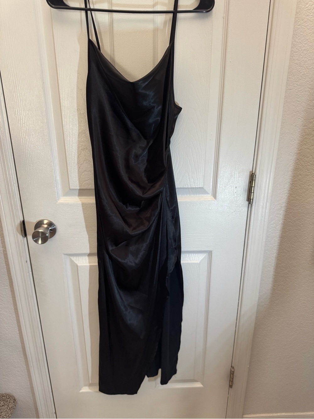 SHEIN Black Satin Midi Slip Dress with Draped Cowl Front